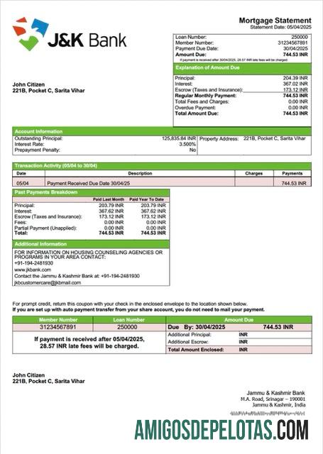 imprimível Modelo Word e PDF de extrato de hipoteca do banco Índia Jammu e Caxemira